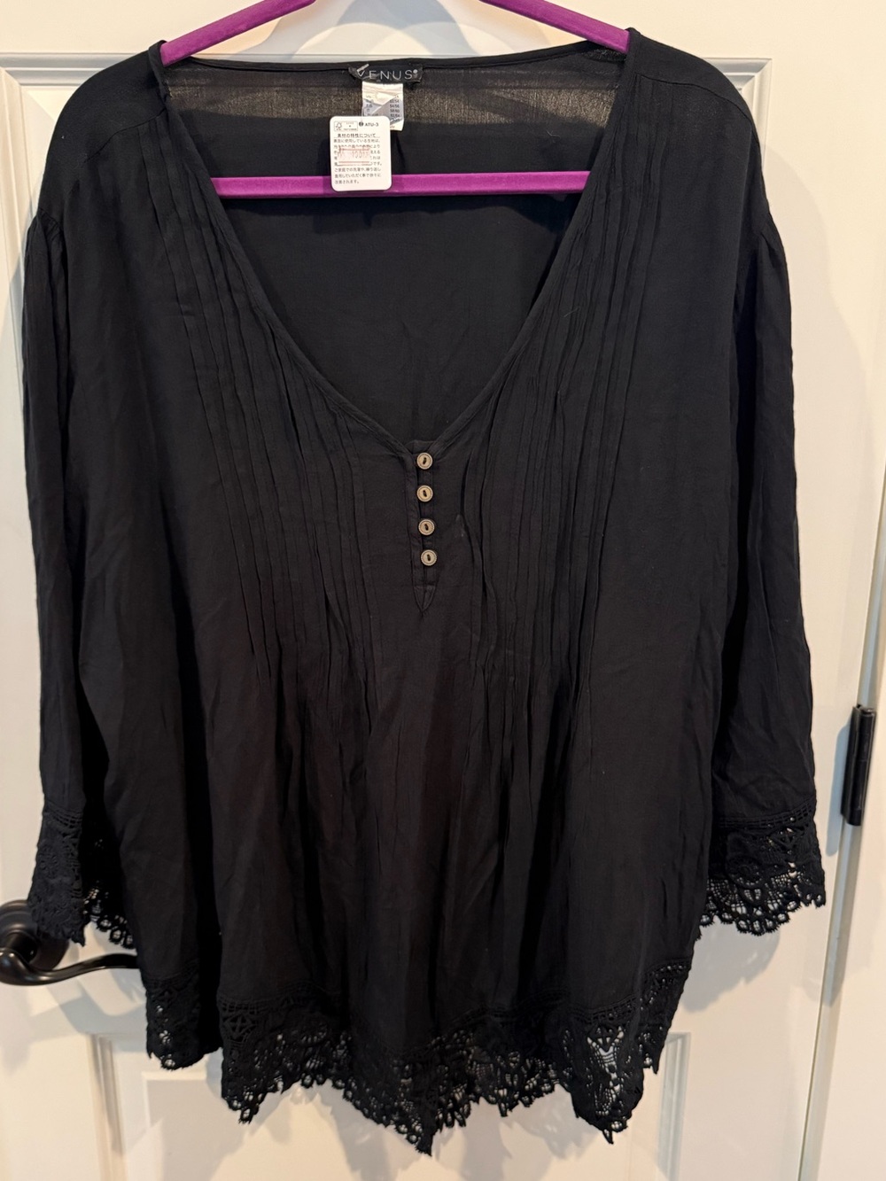 VENUS Black V-Neck Tunic with Crochet Hem